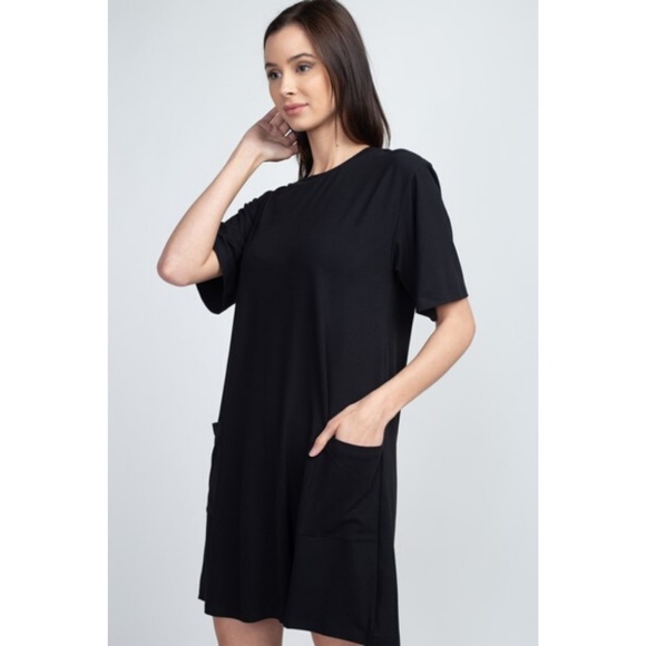 Women's Two Pocket T-Shirt Casual Short Dress BLK - Picture 3 of 8